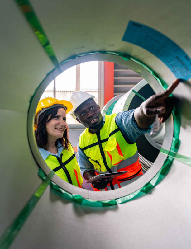 Two highly professional technicians wearing overalls and hardhats walking along production department of modern plant and discussing ideas concerning their joint work